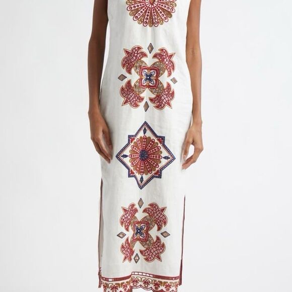 FARM Rio Mary's Tiles Embroidered Detail Linen White Midi Dress Size Small - Picture 2 of 14